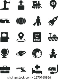 Solid Black Vector Icon Set - briefcase vector, baby toy train, globe, passport, coastal lighthouse, geolocation, rocket, saturn, lunar rover, sand castle, helicopter, dollar pin, earth, bus