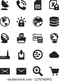 Solid Black Vector Icon Set - zoom vector, upload archive data, calculation, envelope, big, planet, satellite antenna, SIM card, phone call, encrypting, router, printer, network, mail, cloud, globe
