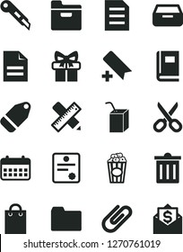 Solid Black Vector Icon Set - scissors vector, bin, add bookmark, scribbled paper, folder, packing of juice with a straw, writing accessories, stationery knife, drawer, clip, label, cup popcorn, bag