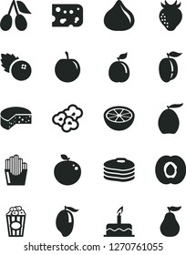 Solid Black Vector Icon Set - cake vector, piece of cheese, fried potato slices, popcorn, cup, blueberries, pancakes, half apricot, strawberry, cornels, fig, mango, loquat, ripe plum, tasty, guava