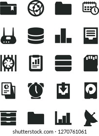 Solid Black Vector Icon Set - folder vector, bar chart, negative histogram, archive, download data, bookmark, storage unit, alarm clock, statistical report, research, agenda, radiator fan, hdd, big