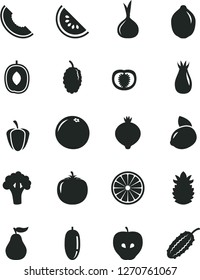 Solid Black Vector Icon Set - tasty apple vector, rose hip, medlar, mulberry, slice of melon, water, delicious plum, date fruit, yellow lemon, lime, half orange, ripe pineapple, grapefruit, guava
