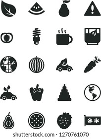 Solid Black Vector Icon Set - warning vector, stacking toy, peper, carrot, cup of tea, a glass, strawberries, water melon, half passion fruit, ripe guava, part, slice, tomato, leaf, planet Earth