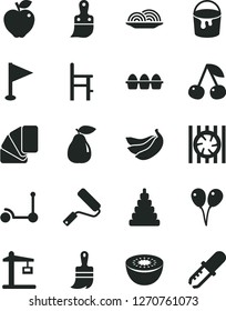 Solid Black Vector Icon Set - pennant vector, stacking toy, a chair for feeding, colored air balloons, Kick scooter, paint bucket, new roller, sample of colour, plastic brush, wooden, bundle eggs