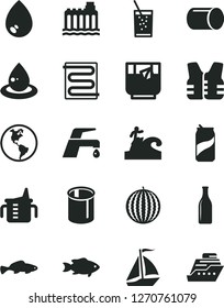 Solid Black Vector Icon Set - measuring cup for feeding vector, heating coil, faucet mixer, drop, small fish, a glass of soda, tea, can, water melon, planet Earth, hydroelectricity, oil, pipe, pipes