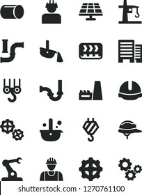 Solid Black Vector Icon Set - builder vector, hook, winch, gears, sewerage, buildings, construction helmet, solar panel, water pipes, thermal power plant, gear, conveyor, tower crane, pipe