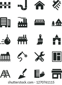 Solid Black Vector Icon Set - box of bricks vector, house, big core, building trowel, window, small tools, wooden paint brush, ladder, siphon, buildings, ceramic tiles, brick, spatula, industrial