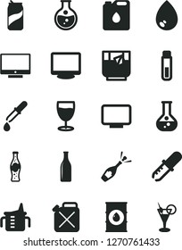 Solid Black Vector Icon Set - measuring cup for feeding vector, drop, screen, a glass of tea, soda can, bottle, round flask, oil, canister, monitor, test tube, pipette, champagne, cocktail