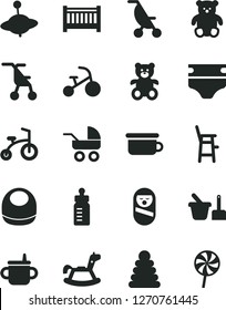 Solid Black Vector Icon Set - baby cot vector, mug for feeding, bottle, diaper, bib, carriage, summer stroller, sitting, stacking rings, roly poly doll, toy sand set, children's potty, a chair child