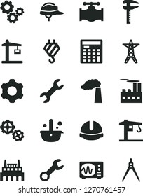 Solid Black Vector Icon Set - crane vector, hook, gears, cogwheel, construction helmet, valve, manufacture, power line, industrial building, factory, calipers, metallurgy, engineer calculator