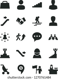 Solid Black Vector Icon Set - woman vector, summer stroller, speech, racer, man, handclasp, hand bag, conversation, winner podium, arrow up, stairway, hold flag, stars around, dollar pin, backpacker