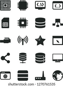 Solid Black Vector Icon Set - star vector, screen, big data, server, processor, SIM card, connection, hierarchical scheme, cpu, router, browser, coding, lan connector, wireless, earth