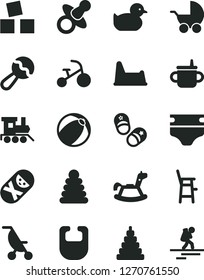 Solid Black Vector Icon Set - dummy vector, mug for feeding, diaper, bib, beanbag, baby stroller, summer, duckling, bath ball, stacking rings, toy, tumbler, potty chair, a child, train, tricycle