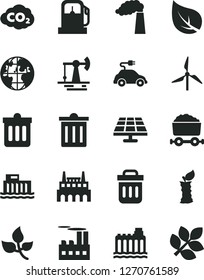 Solid Black Vector Icon Set - bin vector, dust, apple stub, solar panel, working oil derrick, leaves, leaf, gas station, windmill, manufacture, hydroelectric, hydroelectricity, industrial building