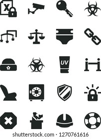 Solid Black Vector Icon Set - mark of injury vector, spectacles, scales, toys over the cot, diaper, car child seat, warm hat, construction helmet, key, strongbox, encrypting, biohazard, rope barrier