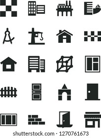 Solid Black Vector Icon Set - house vector, box of bricks, dwelling, brick wall, window, frame, ntrance door, interroom, buildings, city block, tile, ceramic tiles, fence, industrial enterprise