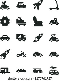 Solid Black Vector Icon Set - truck lorry vector, Baby chair, motor vehicle, child Kick scooter, delivery, environmentally friendly transport, electric car, retro, autopilot, rocket, space, Express