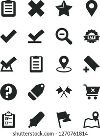 Solid Black Vector Icon Set - add bookmark vector, zoom out, check mark, cross, question, star, flag, crossed cart, survey, label, location, geolocation, text highlighter, sale, clipboard, flags