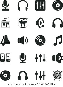 Solid Black Vector Icon Set - bell vector, desktop microphone, silent mode, drumroll, drum, headphones, music, CD, regulator, volume, no sound, pc speaker, settings, disco ball
