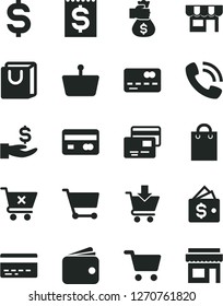 Solid Black Vector Icon Set - bank card vector, put in cart, crossed, bag with handles, cards, kiosk, shopping, basket, reverse side of a, front the, denomination dollar, financial item, get wage