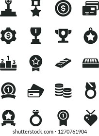 Solid Black Vector Icon Set - brick vector, cards, pedestal, coins, winner podium, prize, award, star medal, with pennant, ribbon, hero, diamond ring, gold, bar, dollar coin, gear, credit card