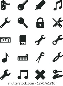 Solid Black Vector Icon Set - repair key vector, cross, small tools, adjustable wrench, door knob, lock, music, steel, text highlighter, keyboard, usb flash, note, arm with