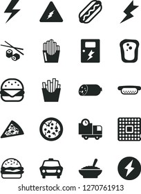 Solid Black Vector Icon Set - lightning vector, dangers, car, delivery, sausage, pizza, piece of, Hot Dog, mini, big burger, a bowl buckwheat porridge, French fries, fried potato slices, sandwich