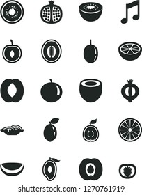 Solid Black Vector Icon Set - music vector, slices of onion, half apricot, pomegranate, medlar, mango, peach, melon, tangerine, cherry, passion fruit, kiwi, sour lime, orange, guawa, piece coconut