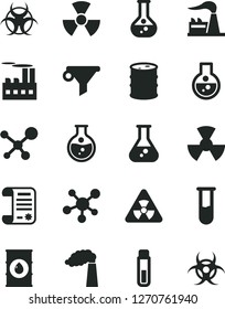 Solid Black Vector Icon Set - round flask vector, manufacture, factory, oil, barrel, industrial building, radiation, water filter, research article, test tube, molecule, nuclear, biohazard