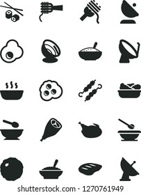 Solid Black Vector Icon Set - deep plate with a spoon vector, plates and spoons, spaghetti, noodles, bowl of buckwheat porridge, rice, hot, lettuce in, chicken, grill leg, chop, meat on skewers