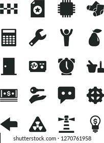 Solid Black Vector Icon Set - repair key vector, left direction, Knitted Socks, toy sand set, ntrance door, ceramic tiles, alarm clock, pear, gear, lighthouse, cash, think, cpu, nuclear, calculator
