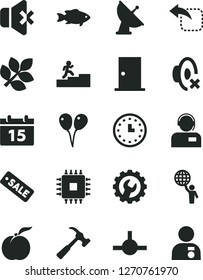 Solid Black Vector Icon Set - silent mode vector, colored air balloons, ntrance door, gear, hammer with claw, calendar, no sound, operator, move left, fish, ripe peach, wall watch, season sale, cpu