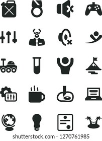 Solid Black Vector Icon Set - laptop vector, silent mode, no sound, cup of tea, light bulb, canister, joystick, settings, test tube, globe, scientist, artifical insimination, lunar rover, patente