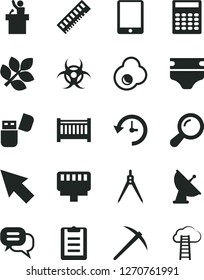 Solid Black Vector Icon Set - baby cot vector, diaper, fried egg, tablet pc, memory, usb flash, lan connector, history, cursor, zoom, biohazard, clipboard, calculator, drawing compass, biology
