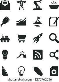 Solid Black Vector Icon Set - incandescent lamp vector, magnifier, rss feed, received letter, bulb, notes, cart, hot porridge, chicken thigh, cucumber, garlic, power pole, assembly robot, a crisis