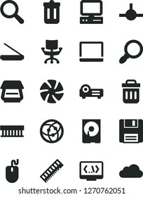 Solid Black Vector Icon Set - magnifier vector, computer, notebook pc, fan, radiator, mouse, memory, hdd, scanner, network, connect, trash bin, floppy, coding, projector, chair, cloud