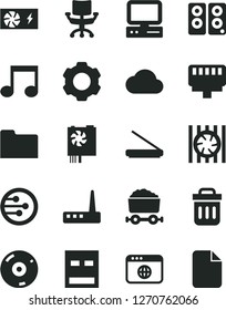 Solid Black Vector Icon Set - trolley with coal vector, computer, radiator fan, pc power supply, usb, router, cd, scanner, speaker, network, browser, folder, trash bin, lan connector, note, chair