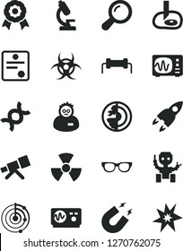 Solid Black Vector Icon Set - microscope vector, telescope, glasses, nuclear, zoom, dna, biohazard, oscilloscope, magnet, scientist, artifical insimination, radar, earth core, medal, robot, rocket