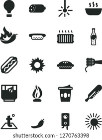 Solid Black Vector Icon Set - mercury thermometer vector, temperature, boiler, sausage, Hot Dog, mini, noodles, pie, porridge, coffe to go, a glass of tea, bottle soda, red pepper, outdoor, flame