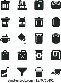 Solid Black Vector Icon Set - bin vector, mug for feeding, baby powder, bucket, dust, bag with handles, canned goods, tin, coffee to go, jam, jar of, sea port, oil, canister, filter, urgent cargo