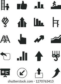 Solid Black Vector Icon Set - upward direction vector, growth up, positive histogram, a chair for feeding, hook, winch, ladder, left bottom arrow, index finger, thumb, move, bar chart, graph, arrows