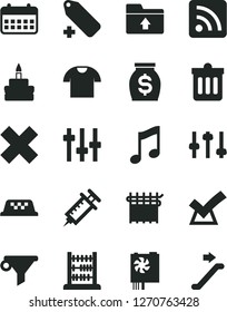 Solid Black Vector Icon Set - cross vector, add label, rss feed, upload folder, abacus, dust bin, music, T shirt, birthday cake, cloth industry, water filter, money, calendar, pc power supply, taxi