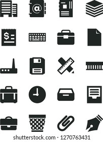 Solid Black Vector Icon Set - wicker pot vector, clean sheet of paper, archive, portfolio, buildings, writing accessories, wall clock, case, pile, address book, drawer, clip, article on the dollar