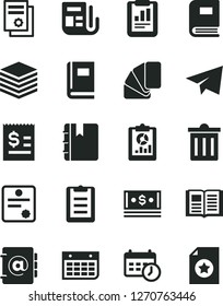 Solid Black Vector Icon Set - bin vector, paper airplane, sample of colour, book, notebook, pile, address, statistical report, overview, article on the dollar, cash, scientific publication, morning