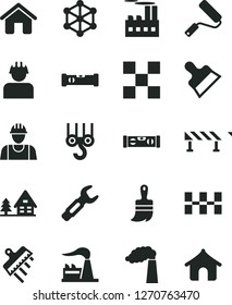 Solid Black Vector Icon Set - house vector, builder, winch hook, new roller, wooden paint brush, construction level, building, tile, ceramic tiles, putty knife, spatula, road fence, manufacture