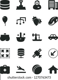 Solid Black Vector Icon Set - toys over the cot vector, bath ball, medical bag, motor vehicle, balloon, buildings, left bottom arrow, big data server, size, sushi, branch of grape, oil derrick