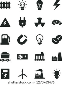 Solid Black Vector Icon Set - lightning vector, danger of electricity, incandescent lamp, dangers, new radiator, bulb, coffee beans, gas station, windmill, factory, hydroelectricity, plug, radiation