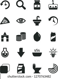 Solid Black Vector Icon Set - downward direction vector, magnifier, box of bricks, washbasin, comfortable toilet, eye, package, coins, copy, piece pizza, torte, hot porridge, soda can, jar jam, lime