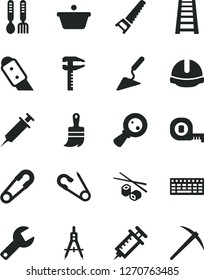 Solid Black Vector Icon Set - repair key vector, safety pin, open, iron fork spoons, building trowel, hand saw, measuring tape, wooden paint brush, stepladder, construction helmet, knife, compasses