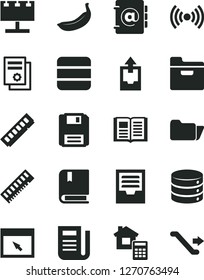 Solid Black Vector Icon Set - archive vector, upload data, e, estimate, book, big, folder, address, banana, billboard with illumination, scientific publication, newspaper, memory, browser, floppy